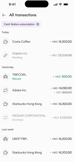 Transaction list showing examples of pending, declined, refund, and cleared transactions with dual currency display