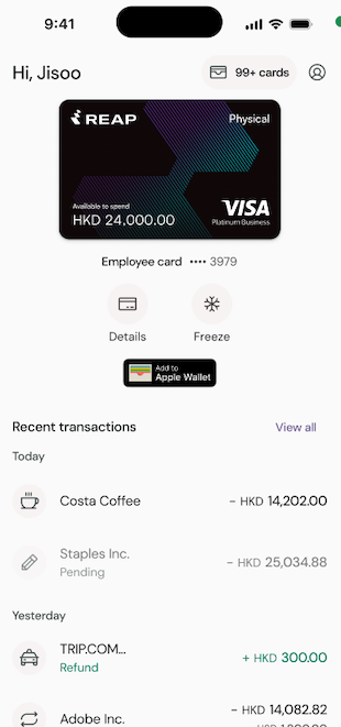 Home screen showing card display, quick actions, and recent transactions