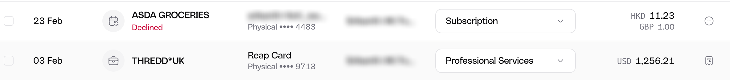 Transactions table showing the Attachment column with one row showing a document icon and one showing a plus icon