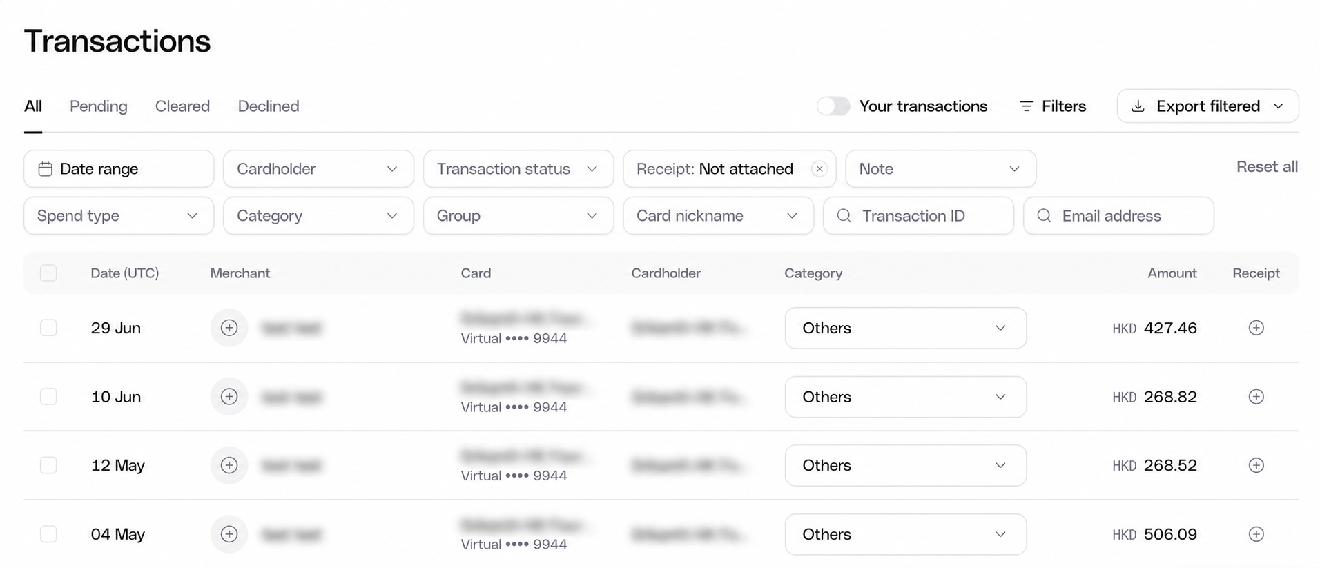 Filtered view showing only transactions without a receipt