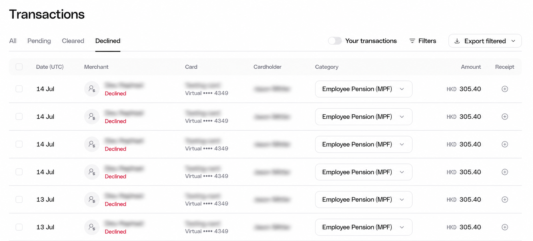 Transactions table with the Declined filter tab selected