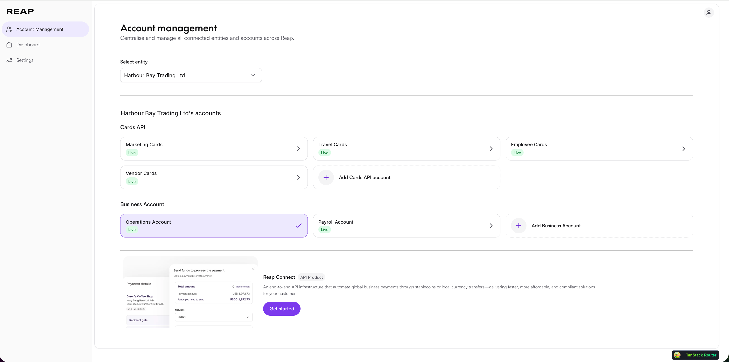 Account Management page showing one legal entity's Cards API and Business Account accounts, with Add account buttons and a Payments API Get started card