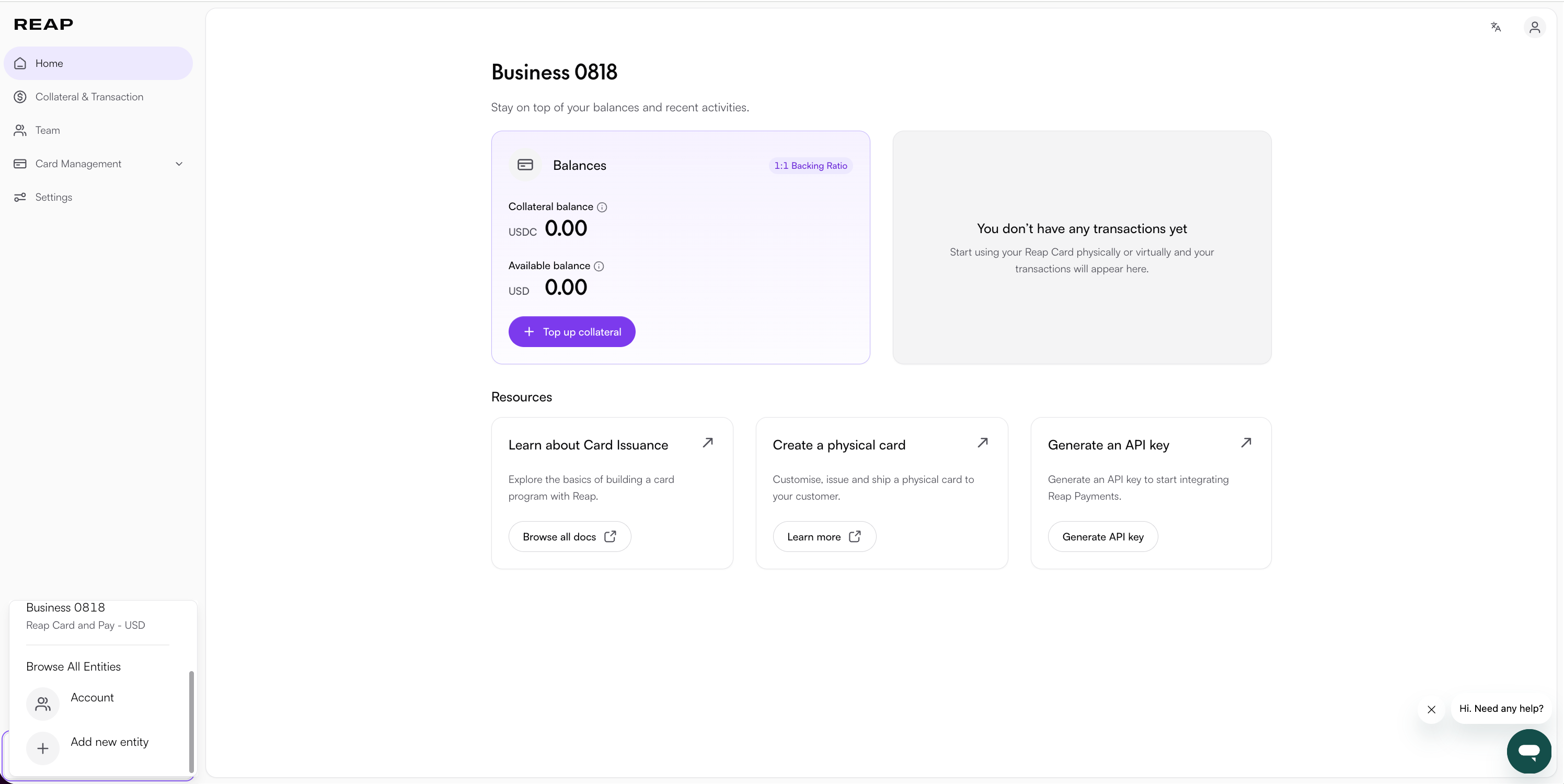 Cards API dashboard with the account switcher open and the Account option at the bottom