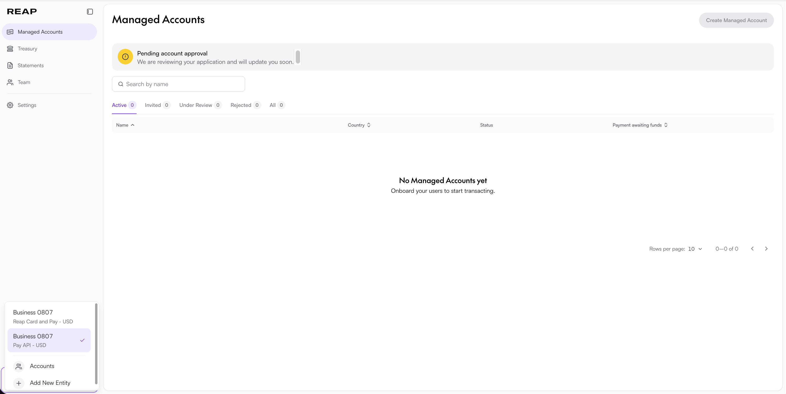 Payments API dashboard with the account switcher open and the Accounts option at the bottom