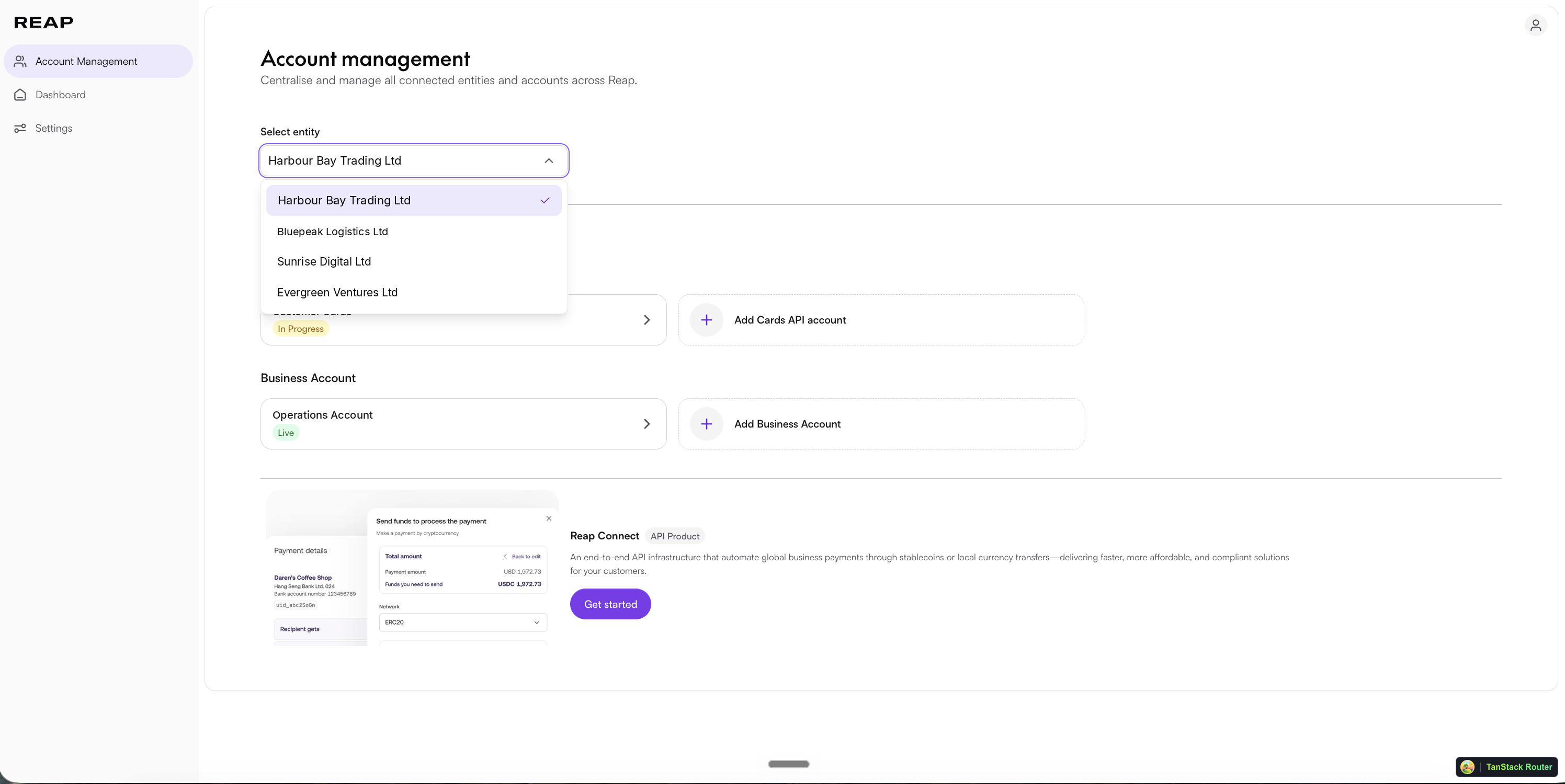 Select entity dropdown on the Account Management page showing several legal entities to choose from
