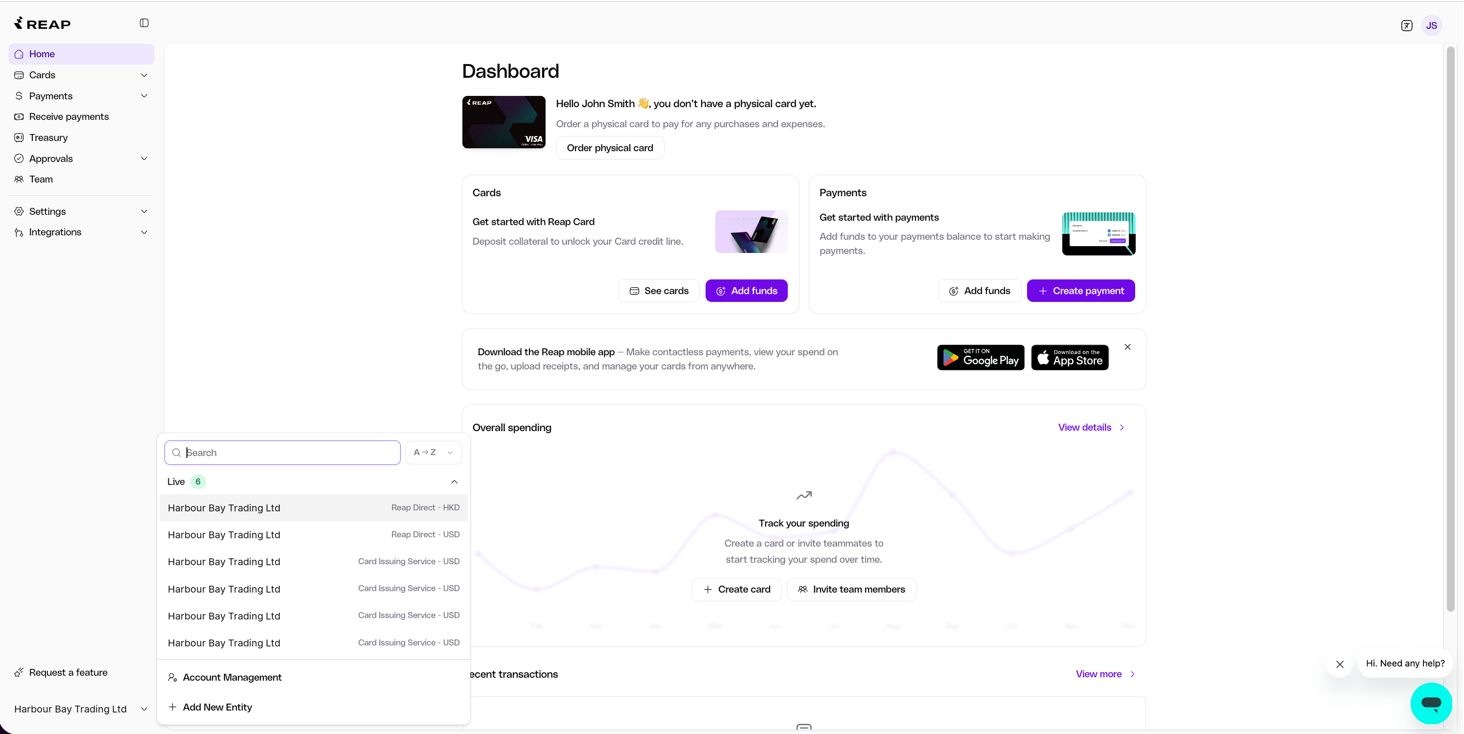 Business Account dashboard with the account switcher open and Account Management at the bottom of the list